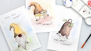 Holiday cards in watercolor for beginners - CHRISTMAS CARDS with GNOMES