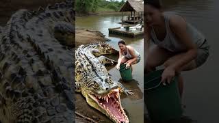 Woman catches crocodile, and the crocodile crawls and bites the fish #fishingvideo #fishing