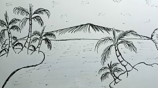 How To Draw Beach Scenery Summer Time With Pen |Drawing Beach Easy Scenery