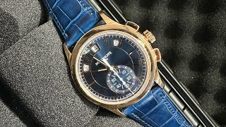 名表TV- 全新好價 Patek Philippe Annual Calendar Chronograph 18K Rose Gold 5905R-001 Sunbrust Blue Dial