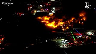 Aerial video of huge warehouse fire in Montgomery County, Pa.