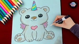 How to draw a kawaii teddy bear unicorn 💛 Easy drawing step by step