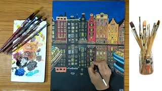 Colorful Amsterdam Buildings, Netherlands / Acrylic painting #82