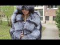 Short walk in full lenght Silver Fox fur coat and fox hat