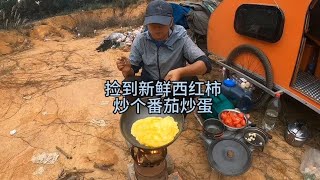 自行车拉着房车穷游广西，西红柿大丰收，捡到丢弃的生火炒个蛋吃