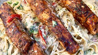 CREAMY JERK SALMON PASTA RECIPE | BEST JERK SALMON RASTA PASTA RECIPE