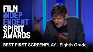 BO BURNHAM wins Best First Screenplay for EIGHTH GRADE at the 2019 Film Independ