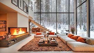 Winter Morning in Cozy Living Room ❄ Snowing White with Relaxing Jazz Music by the Warm Fireplace