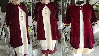 Velvet Shrug cutting and Stitching in Hindi || Long Velvet Over Jacket with Lace