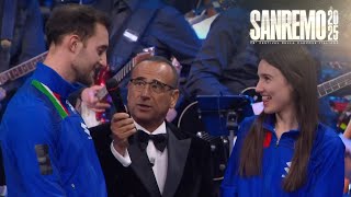 Sanremo 2025 - Il saluto di Carlo Conti a Stefania Constantini e Amos Mosaner