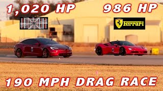 0-190 MPH Ferrari SF90 vs Tesla Model S Plaid at 55% SOC 1/2 Mile Drag Races