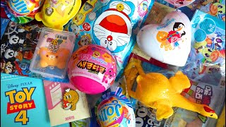 egg toys, squishy, piglet, forky, pony, lego, shark, chicken, doraemon, koukou, cobra