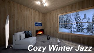 Winter Jazz Music in Snowing Cozy Forest Cabin with Warm Fireplace Ambience For Relaxation