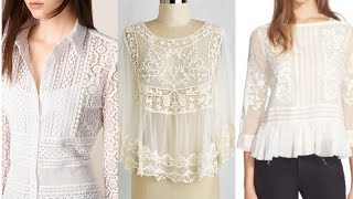 top61 glamorous pure white blouse/shirts/top white blouse with lace patchwork design collection