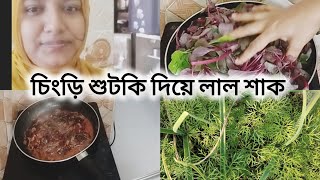 চিংড়ি শুটকি দিয়ে লাল শাক সাথে মুরগির মাংস।