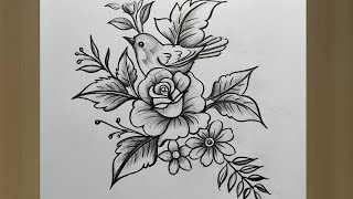 how to draw a bird and rose flowers with pencil sketch,how to draw birds and flowers,pencil sketch
