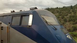 Eastbound California Zephyr meets its westbound counterpart at State Bridge, CO