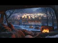 a snowy night from a cozy car in new york city❄️snowfall winter ambience u0026 crackling fireplace