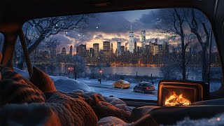 A Snowy Night From A Cozy Car In New York City❄️Snowfall Winter Ambience \u0026 Crackling Fireplace