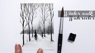 Step by step winter watercolor painting tutorial » Easy winter snow landscape for beginners, trees