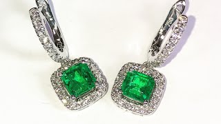 Fantastic pair of hanging emerald and diamond halo earrings from Lewis Malka, Hatton Garden 💚