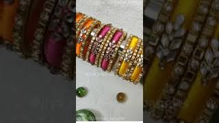 Orangemagenta and yellowcolourwith kundhanBangles For ordersDM me on insta 🌈@jiya_silkthread_bangles