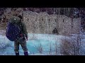 Abandoned castle in the mountains, Large stone shelter, Winter camping