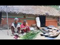 80years old grandma cooking FISH and ONION LEAVES curry eating show hot rice || actual village life