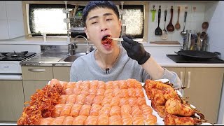 꽃돼지 진짜너무배고파서 연어초밥 55개 스피드 총각김치 진미채 한식일식 먹방kimchi [korean food]mukbang Eating show 吃播