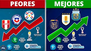 5 MEJORES y PEORES SELECCIONES de CONMEBOL (MAYORES, SUB 20 y SUB 17) en la ACTUALIDAD