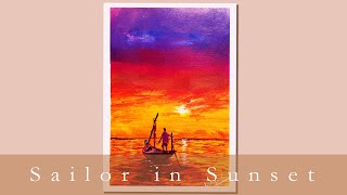 Sailor Riverside Sunset Acrylic Painting | Sunset Acrylic Painting Tutorial for Beginners