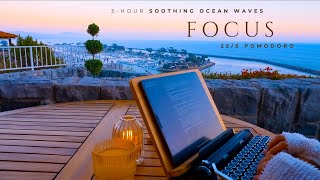 3-Hour Study With Me • Relaxing Ocean Waves 🌊 • Pomodoro 25/5 Focus, White Noise \u0026 Deep Productivity