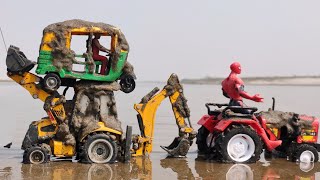 HuMuddy Auto Rickshaw Tractor Help Jcb  Water Jump Muddy Cleaning Tractor Video  Mud Toys@DiyTractor