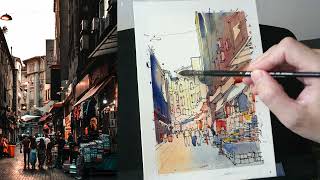 Limited colour street and shops sketch (timelapse tutorial)