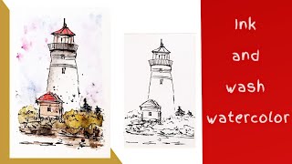 line and wash lighthouse landscape/ink and watercolor #ink #loosewatercolor