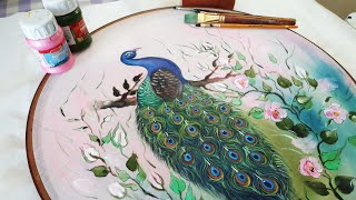 Fabric painting/ Peacock/Flowers