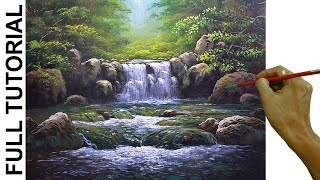 Acrylic Landscape Painting TUTORIAL / Waterfalls and Rushing River in the Forest / JMLisondra