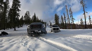 Snow Wheeling GMC Sierra at4 35s vs F250 37s #snowwheeling #offroading