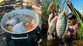 Un lugar hermoso con TILAPIAS GIGANTES, pescando con arpón, y cocinando un caldo