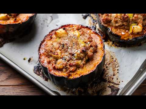 Recipe for stuffed acorn squash with sausage and beef