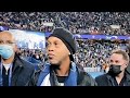 ronaldinho hugging with messi u0026 singing together with psg fans at the parc des princes