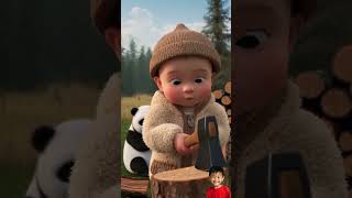 Baby Chopping Wood with Panda #funny #chopper #woodworking