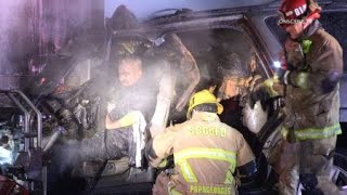 Driver Trapped In Burning Car After Slamming Into Semi | Fontana