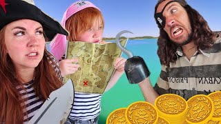 PiRATE FAMiLY lost at SEA!!  Adley finds a Beach & Magic Treasure Map! Floor is Lava pretend play ☠️
