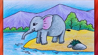 Cute Elephant Drawing Scenery for Beginners | How to Draw Elephant Scenery | हाथी का चित्र