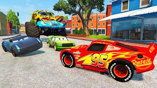 EPIC ESCAPE FROM LIGHTNING MCQUEEN RESCUE CHICK HICKS VS ZOMBIE MONSTER TRUCKS in BeamNG.Drive