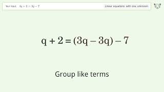 Solve 4q+2=3q-7: Linear Equation Video Solution | Tiger Algebra