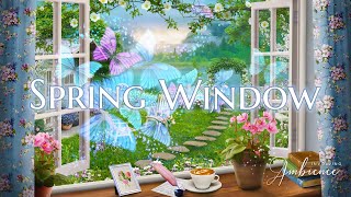 Spring Window ASMR Ambience | Misty Spring Morning | Light Rain, Lake Sounds, Book & Writing Sounds