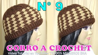 Como tejer el Gorro N° 9 a crochet en punto abanicos de dos colores para niñas y damas paso a paso