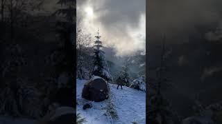 Hot Tent Snow Camping in The Mountains | Wood Stove and Burger #camping #shorts